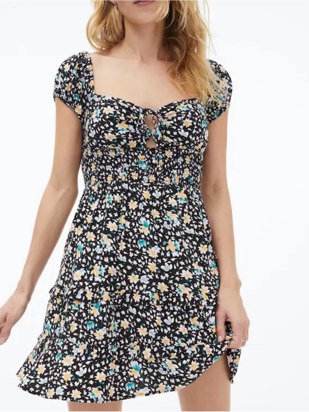Aeropostale Black Floral Tie-Front Smocked Mini Dress